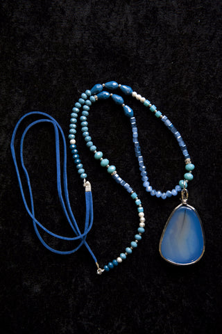Pretty Long Beaded & Suede Necklace with Pendant